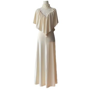 Vintage 70s High Neck Capelet Maxi Cream Wedding Dress